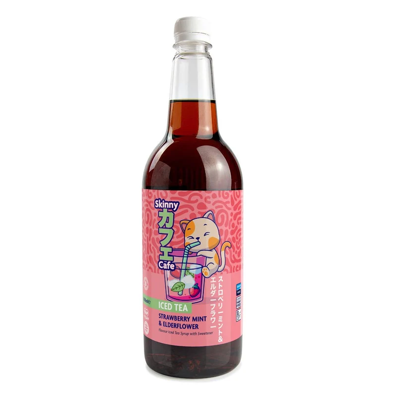 Sciroppo per tè freddo Skinny Caffe al gusto di fragola, menta e fiori di sambuco, senza zucchero - 1 litro