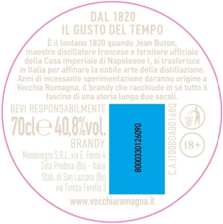 Vecchia Romagna Riserva Tre Botti 70cl – Blend di distillati invecchiati in tre botti differenti, gusto ricco e intenso. 40,8% vol.