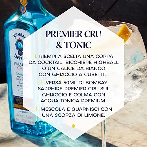 Bombay Sapphire Premier Cru Premium Distilled London Dry Gin, Vol. 47%, 700 ml, infuso a vapore con una selezione accurata di botanical esotici e limoni di Murcia, 70 cl