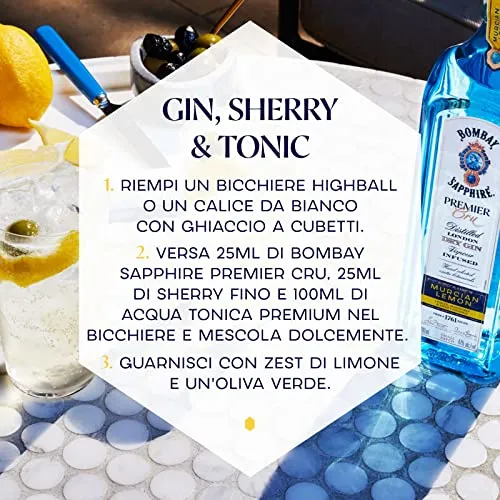 Bombay Sapphire Premier Cru Premium Distilled London Dry Gin, Vol. 47%, 700 ml, infuso a vapore con una selezione accurata di botanical esotici e limoni di Murcia, 70 cl