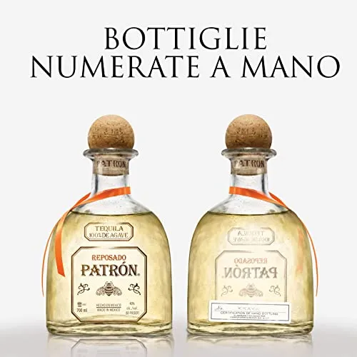 PATRÓN Reposado Premium Tequila, Vol. 40%, 70 cl / 700 ml, creata in Messico in piccoli lotti a partire dal 100% della migliore agave Weber Blue, invecchiata per oltre 2 mesi in botti di rovere