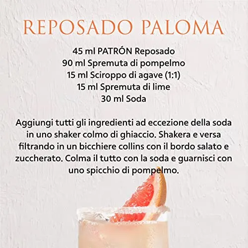 PATRÓN Reposado Premium Tequila, Vol. 40%, 70 cl / 700 ml, creata in Messico in piccoli lotti a partire dal 100% della migliore agave Weber Blue, invecchiata per oltre 2 mesi in botti di rovere