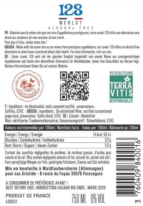 Vin rouge 128 Merlot sans alcool 0,0%