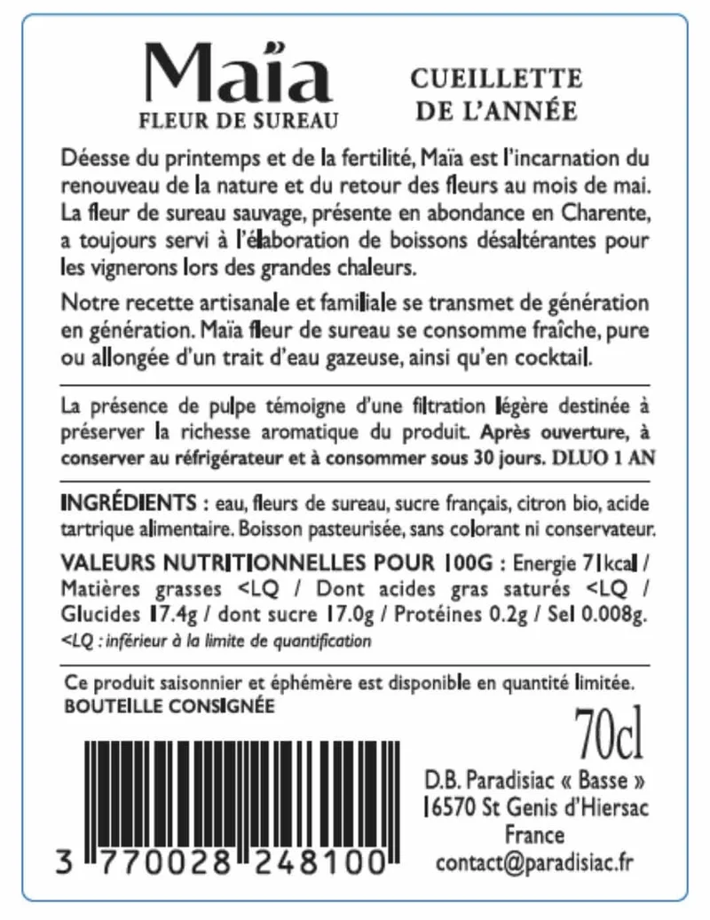 Apéritif Maïa Fleur de Sureau sans alcool 0,0%