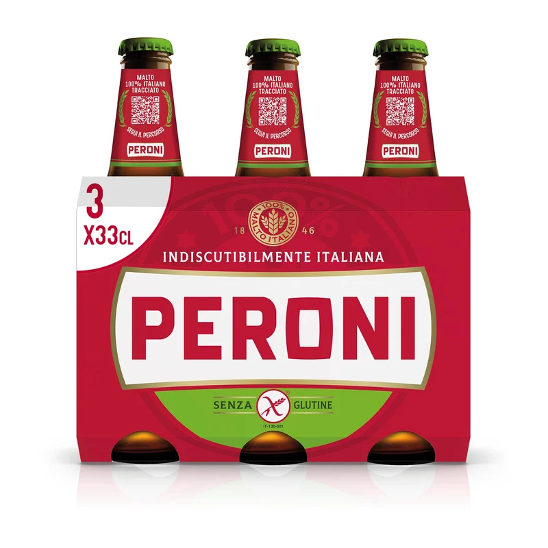 Peroni, Birra Senza Glutine, Pack con 3 Birre in Bottiglia da 33cl, Birra Lager con Malto 100% Italiano dal Gusto Moderatamente Amaro, Gradazione Alcolica 4.7% Vol