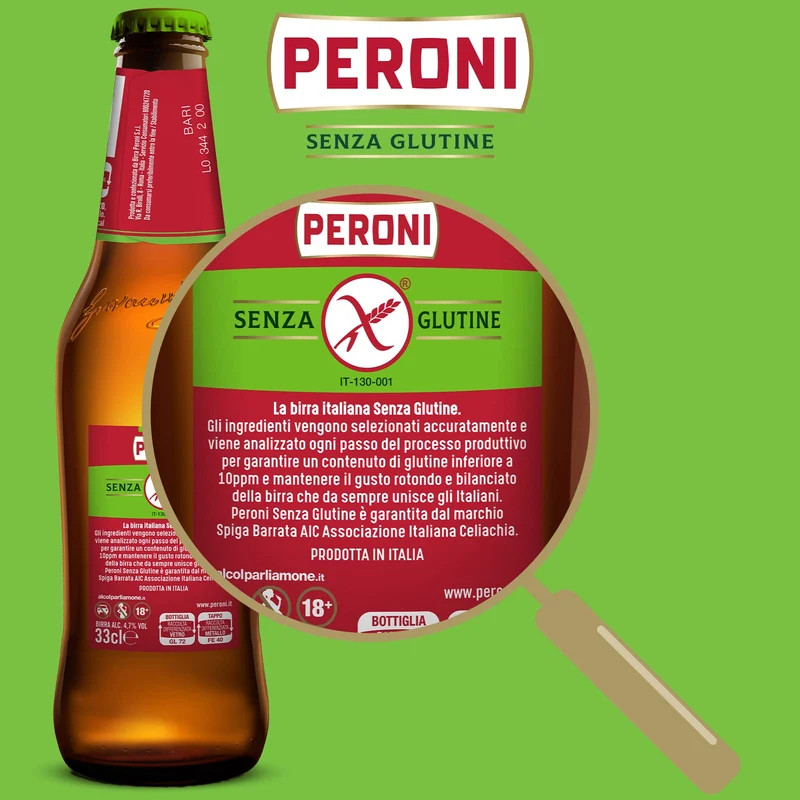 Peroni, Birra Senza Glutine, Pack con 3 Birre in Bottiglia da 33cl, Birra Lager con Malto 100% Italiano dal Gusto Moderatamente Amaro, Gradazione Alcolica 4.7% Vol