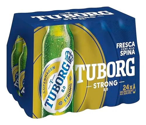 Tuborg, Cassa con 24 Bottiglie da 33cl, Birra Strong Lager, Gusto Deciso e Maltato, Gradazione Alcolica 8.0% Vol