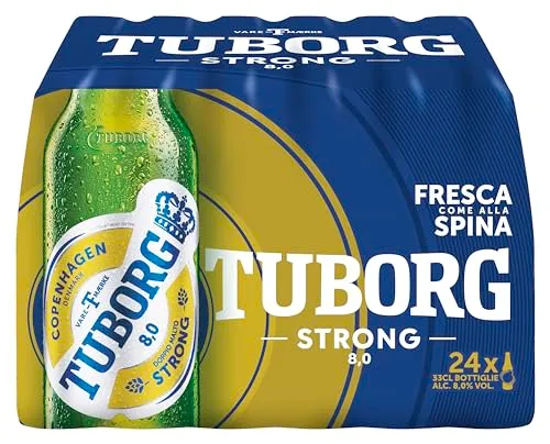 Tuborg, Cassa con 24 Bottiglie da 33cl, Birra Strong Lager, Gusto Deciso e Maltato, Gradazione Alcolica 8.0% Vol