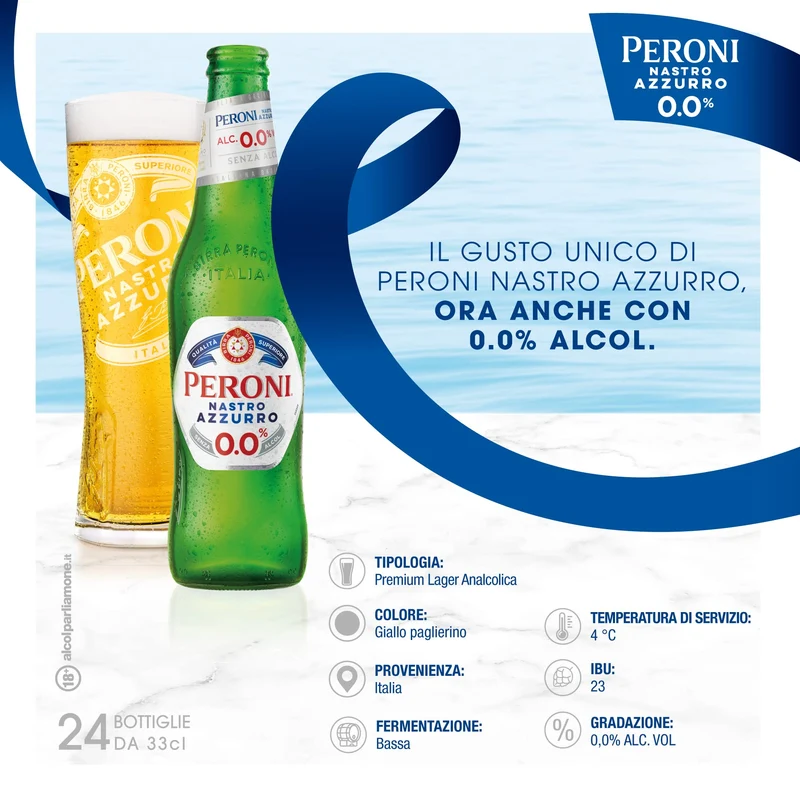 Peroni Nastro Azzurro 0.0 Birra Analcolica Premium Lager, Cassa Birra con 24 Birre in Bottiglia da 33 cl, 7.92 L, Gusto Secco e Rinfrescante, Zero Alcol