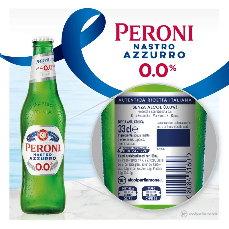 Peroni Nastro Azzurro 0.0 Birra Analcolica Premium Lager, Cassa Birra con 24 Birre in Bottiglia da 33 cl, 7.92 L, Gusto Secco e Rinfrescante, Zero Alcol