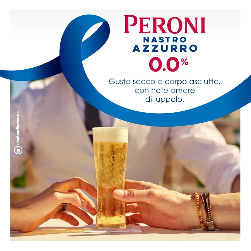 Peroni Nastro Azzurro 0.0 Birra Analcolica Premium Lager, Cassa Birra con 24 Birre in Bottiglia da 33 cl, 7.92 L, Gusto Secco e Rinfrescante, Zero Alcol