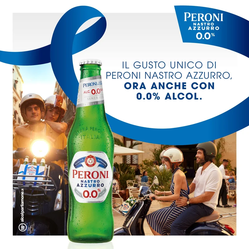 Peroni Nastro Azzurro 0.0 Birra Analcolica Premium Lager, Cassa Birra con 24 Birre in Bottiglia da 33 cl, 7.92 L, Gusto Secco e Rinfrescante, Zero Alcol