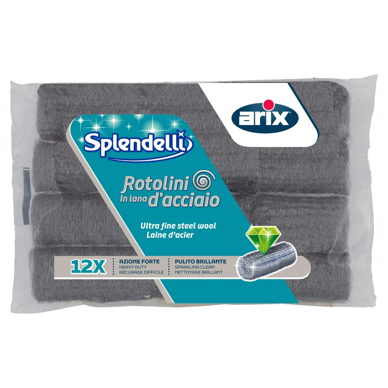 ARIX | 12 Rotolini Abrasivi in Fine Lana d’Acciaio, per Rimuovere Incrostazioni da pentole, Stoviglie e Tutte le Superfici Non Delicate