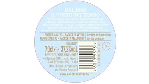 Vecchia Romagna Classica 70cl – Brandy invecchiato in botti di rovere, gusto fresco e delicato. 37,2% vol.