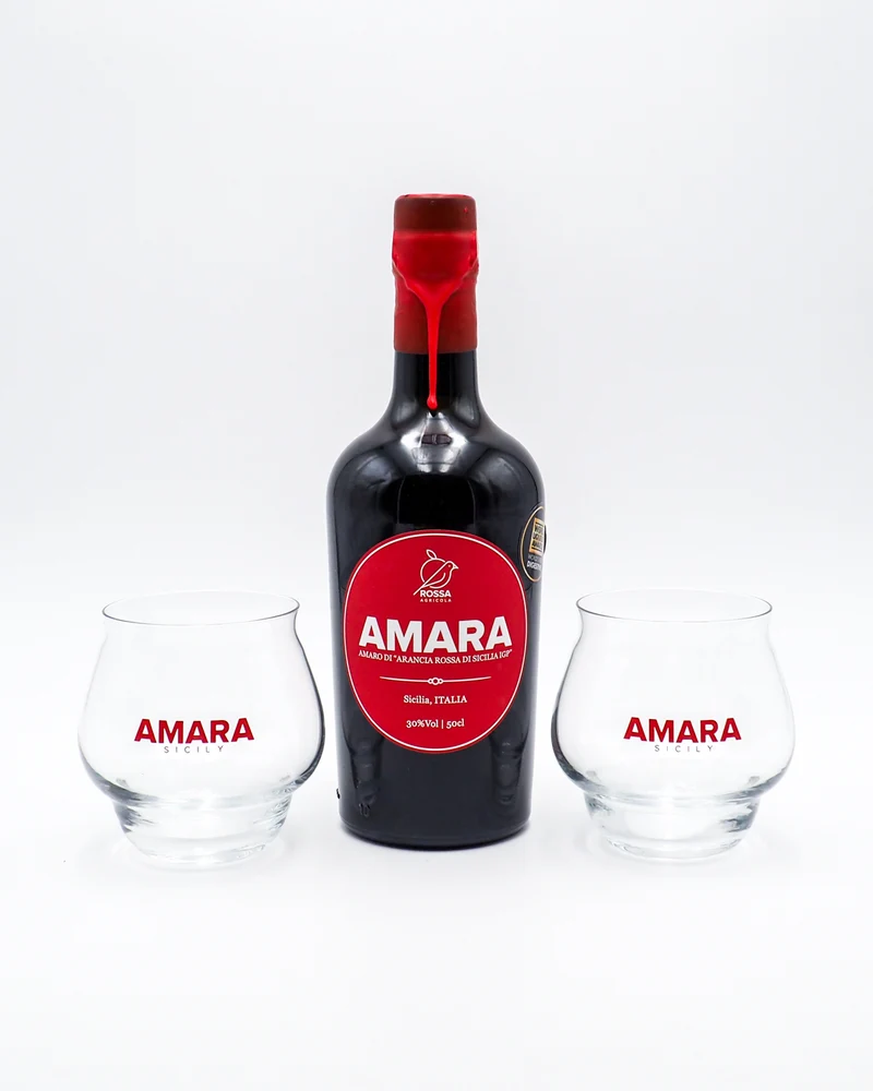 Amaro "Amara" all'Arancia Rossa Special Pack con due bicchieri - Rossa