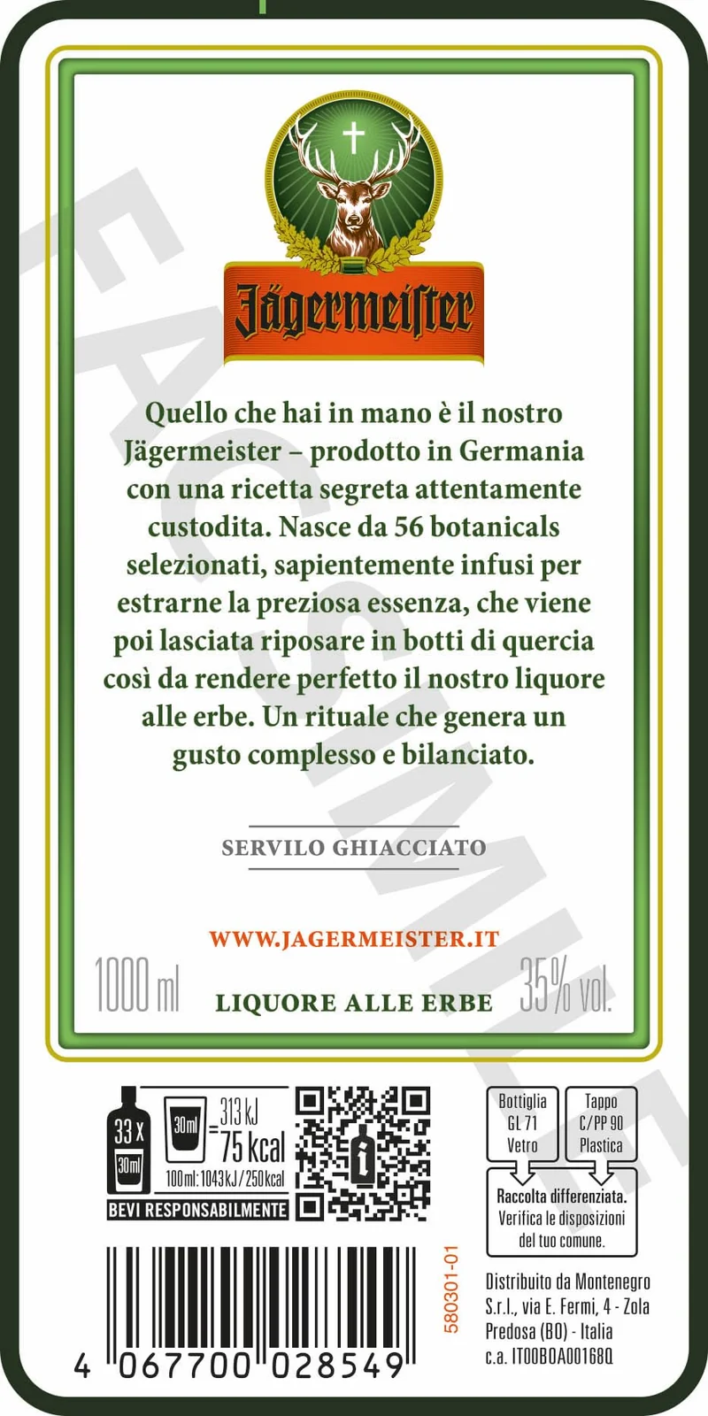 Jägermeister 100cl - Liquore a base di 56 Botaniche, invecchiato in botte. Da servire ghiacciato. 35% Vol.