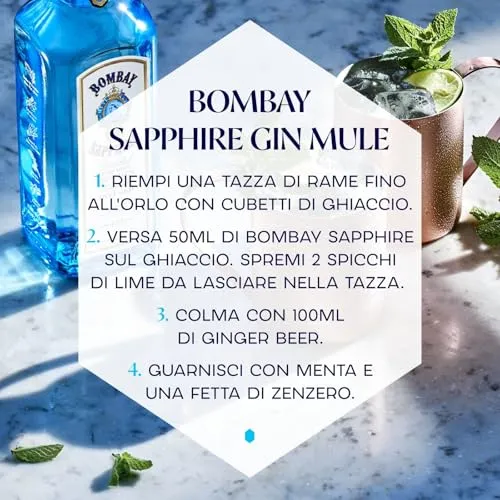 Miniature di Bombay Sapphire London Dry Gin, 40% vol., 5 cl / 50 ml (Confezione da 12), gin 100% infuso a vapore con 10 botanical accuratamente selezionati