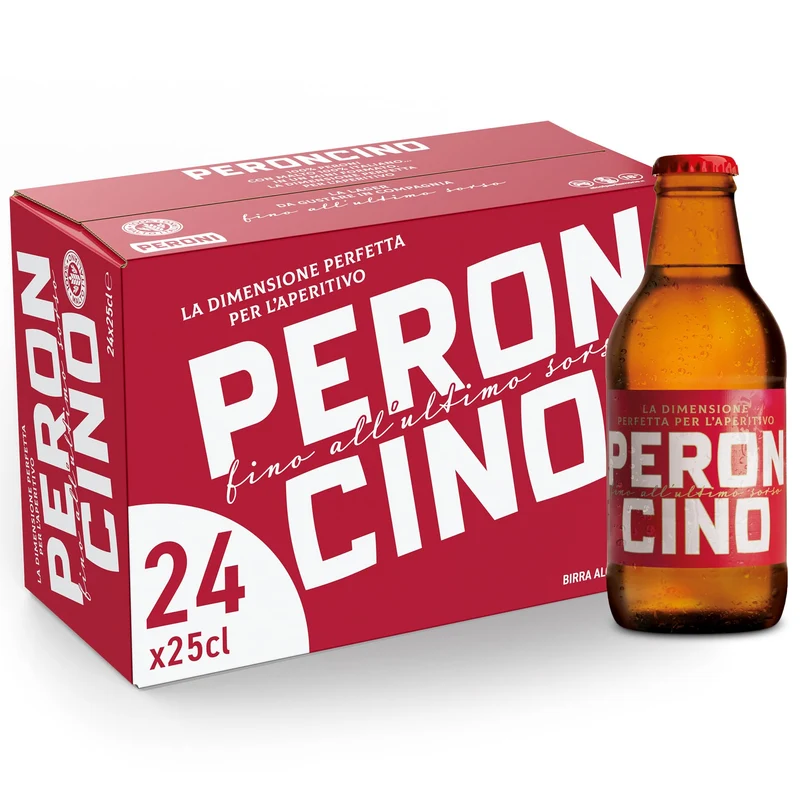 Peroncino Cassa con 24 Birre in Bottiglia da 25 cl, 6 L, Birra Lager con Malto 100% Italiano dal Gusto Moderatamente Amaro, Gradazione Alcolica 4.7% Vol