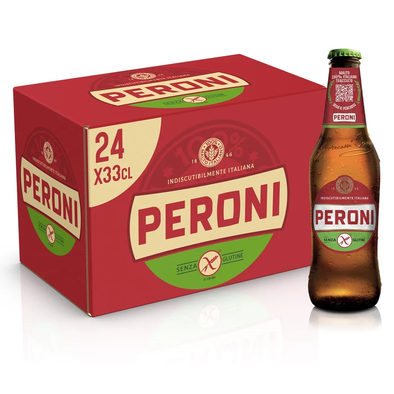 Peroni Birra Senza Glutine, Cassa Birra con 24 Birre in Bottiglia da 33 cl, 7.92 L, Gusto Moderatamente Amaro, Gradazione Alcolica 4.7% Vol