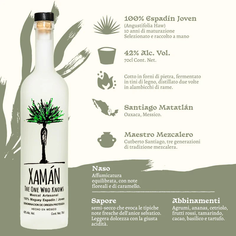 Mezcal Xamán Espadín Joven Mescal Artigianale Messicano, 100% Agave, Blanco 70cl, 42% Vol Mezcal Versatile, Delizioso nei Cocktail o da Gustare da Solo