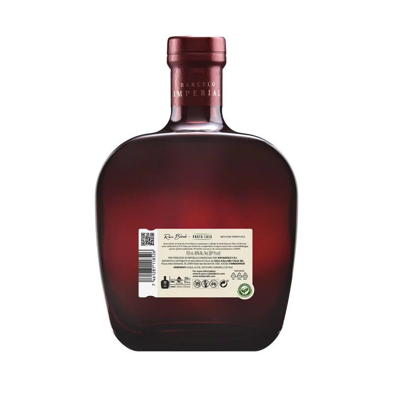 Ron Barceló, Imperial Porto Cask, Rum Ambrato, Invecchiato Naturalmente fino a 10 anni in Barrique di Rovere, 100% Succo di Canna da Zucchero, Gradazione 40% Vol - Bottiglia da 700 ml