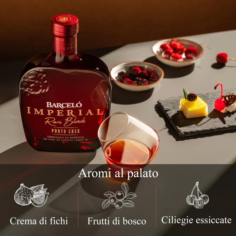 Ron Barceló, Imperial Porto Cask, Rum Ambrato, Invecchiato Naturalmente fino a 10 anni in Barrique di Rovere, 100% Succo di Canna da Zucchero, Gradazione 40% Vol - Bottiglia da 700 ml