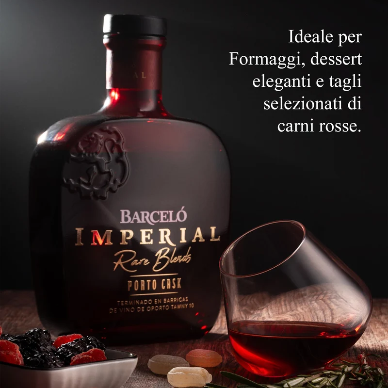 Ron Barceló, Imperial Porto Cask, Rum Ambrato, Invecchiato Naturalmente fino a 10 anni in Barrique di Rovere, 100% Succo di Canna da Zucchero, Gradazione 40% Vol - Bottiglia da 700 ml