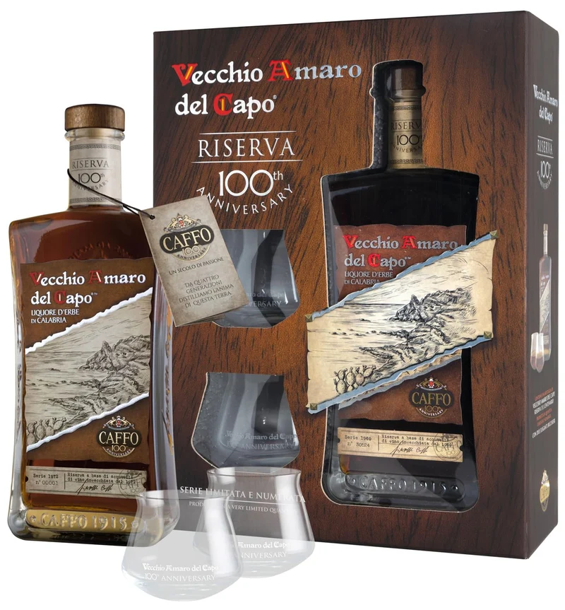 Vecchio Amaro del Capo Riserva del Centenario cl. 70 - confezione con 2 pregiati bicchieri da degustazione.