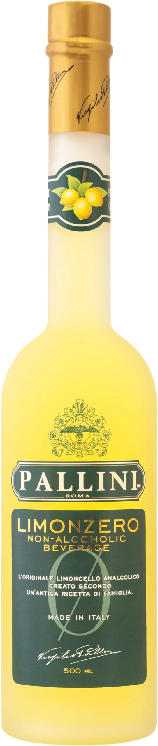Pallini Limonzero - 500 ml - Limoncello analcolico nato dall'infusione del pregiato "Limone Costa D'Amalfi IGP" raccolto a mano a Vietri sul Mare, Amalfi.
