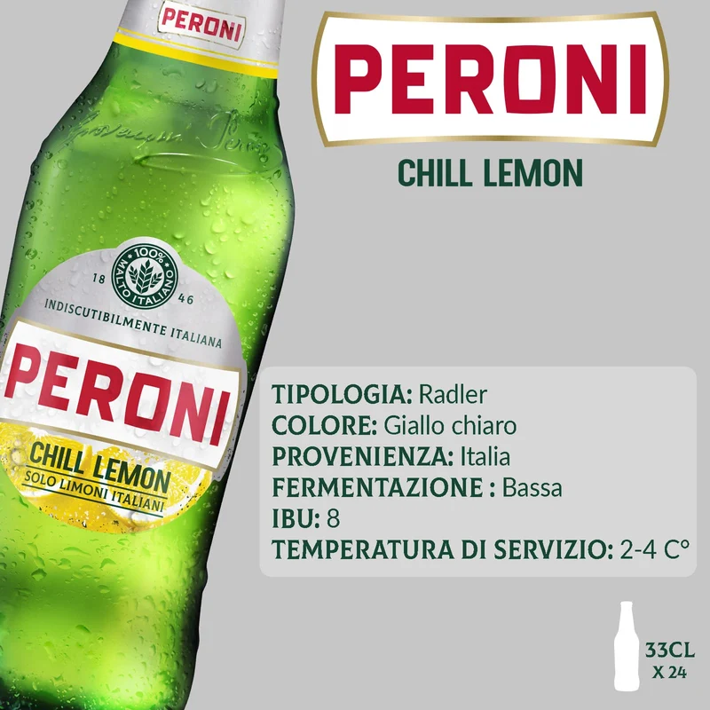 Peroni Chill Lemon Birra al Limone, Cassa Birra con 24 Birre in Bottiglia da 33 cl, 7.92 L, Birra Radler dal Gusto Naturale di Limoni Aspro e Bilanciato, Gradazione Alcolica 1.3% Vol