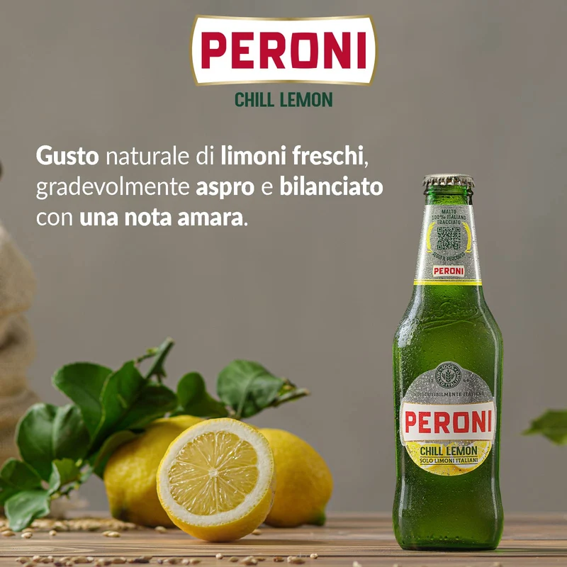 Peroni Chill Lemon Birra al Limone, Cassa Birra con 24 Birre in Bottiglia da 33 cl, 7.92 L, Birra Radler dal Gusto Naturale di Limoni Aspro e Bilanciato, Gradazione Alcolica 1.3% Vol