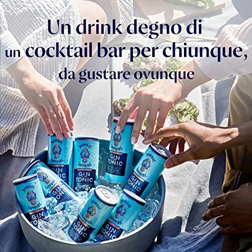 Bombay Sapphire Premium Gin & Tonic, Vol. 6,5%, 12 x 25 cl / 250 ml, cocktail pronto da bere premiscelato in lattina, London Dry Gin infuso al vapore, aromi naturali e acqua tonica premium