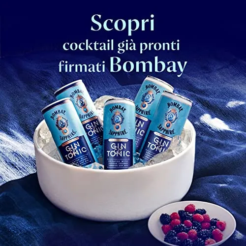 Bombay Sapphire Premium Gin & Tonic, Vol. 6,5%, 12 x 25 cl / 250 ml, cocktail pronto da bere premiscelato in lattina, London Dry Gin infuso al vapore, aromi naturali e acqua tonica premium