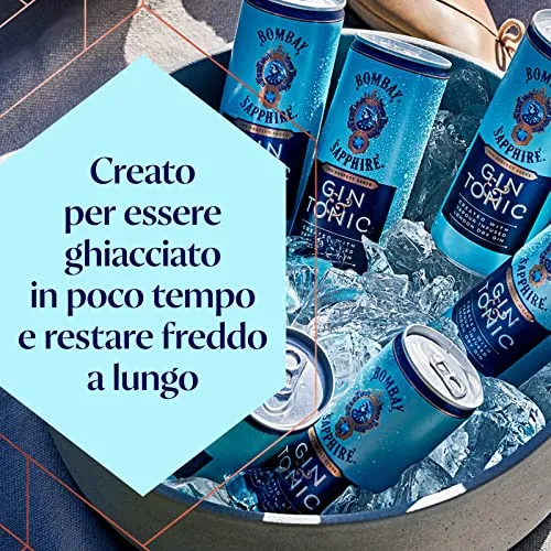 Bombay Sapphire Premium Gin & Tonic, Vol. 6,5%, 12 x 25 cl / 250 ml, cocktail pronto da bere premiscelato in lattina, London Dry Gin infuso al vapore, aromi naturali e acqua tonica premium