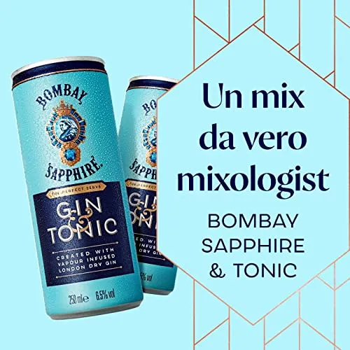 Bombay Sapphire Premium Gin & Tonic, Vol. 6,5%, 12 x 25 cl / 250 ml, cocktail pronto da bere premiscelato in lattina, London Dry Gin infuso al vapore, aromi naturali e acqua tonica premium