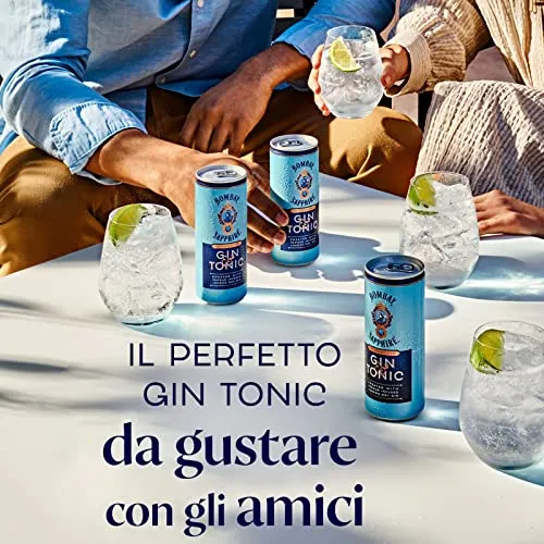 Bombay Sapphire Premium Gin & Tonic, Vol. 6,5%, 12 x 25 cl / 250 ml, cocktail pronto da bere premiscelato in lattina, London Dry Gin infuso al vapore, aromi naturali e acqua tonica premium