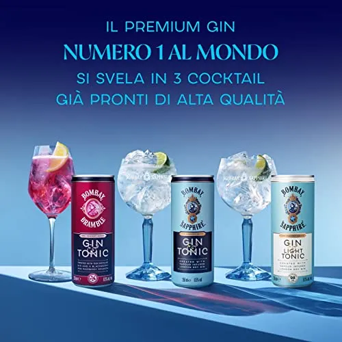 Bombay Sapphire Premium Gin & Tonic, Vol. 6,5%, 12 x 25 cl / 250 ml, cocktail pronto da bere premiscelato in lattina, London Dry Gin infuso al vapore, aromi naturali e acqua tonica premium