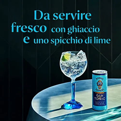 Bombay Sapphire Premium Gin & Tonic, Vol. 6,5%, 12 x 25 cl / 250 ml, cocktail pronto da bere premiscelato in lattina, London Dry Gin infuso al vapore, aromi naturali e acqua tonica premium