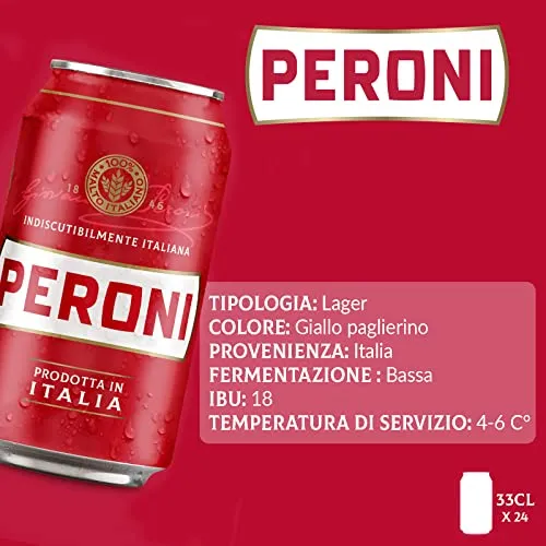 Peroni Birra, Cassa con 24 Birre in Lattina da 33 cl, 7.92 L, Birra Lager con Malto 100% Italiano dal Gusto Moderatamente Amaro, Gradazione Alcolica 4.7% Vol