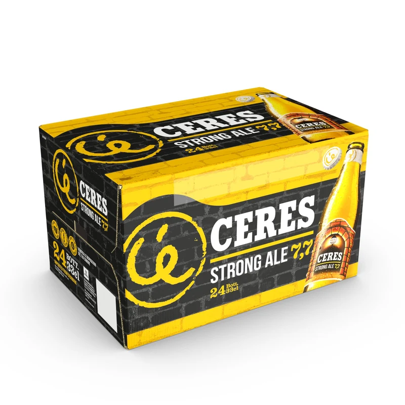 Ceres Strong Ale - 24 Bottiglie da 33 cl, Birra Bionda Doppio Malto con Riflessi Dorati, Gradazione Alcolica 7,7°C, Gusto Ricco ed Intenso con Sentori di Malto