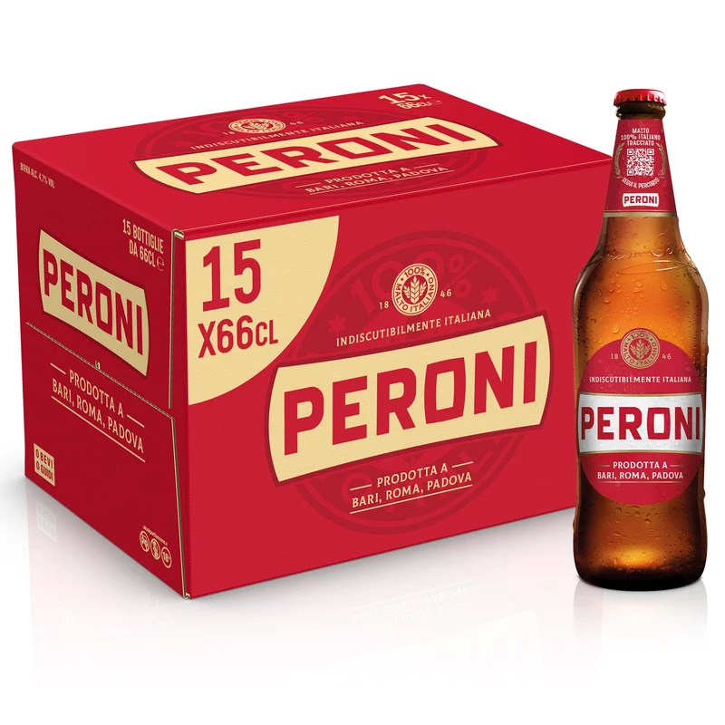 Peroni Birra Limited Edition, Cassa Birra con 15 Birre in Bottiglia da 66 cl, 9.90 L, Birra Lager con Malto 100% Italiano, Gusto Moderatamente Amaro, Gradazione Alcolica 4.7% Vol