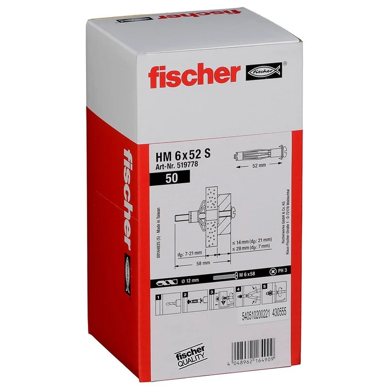 Tassello Metallo per Cartongesso HM 6x52 S. Scatola 50 pezzi. Fischer