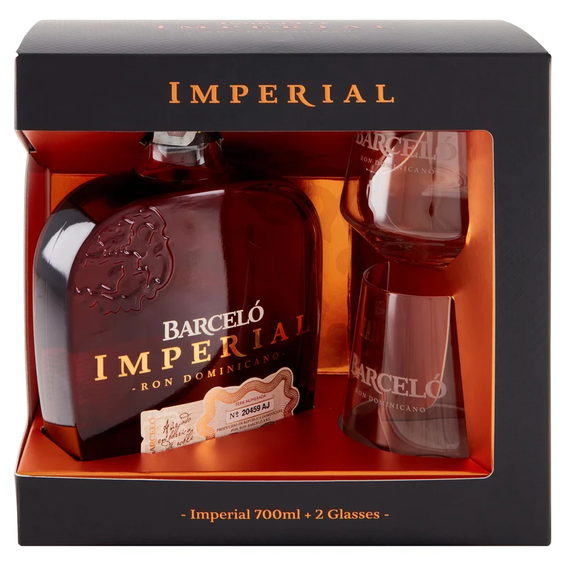 Ron Barceló Imperial – Idea Regalo, 2 Bicchieri da Degustazione e 1 Bottiglia di Rum Ambrato da 700 ml, Invecchiato Naturalmente fino a 10 anni, Rum Dominicano Pluripremiato